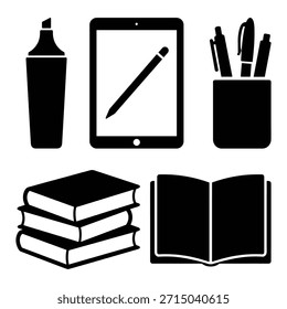 Colección de artículos de papelería y escolares, incluyendo un marcador, tableta, soporte para bolígrafos, libros y una ilustración de libro abierto.