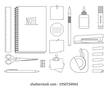 Collection of stationery - stickers, notebooks, tools isolated on white background. Vector illustration