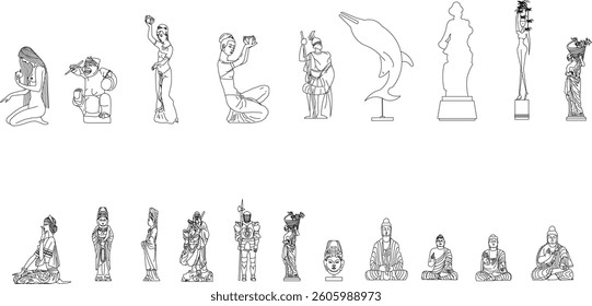 Collection of statue vector illustrations in EPS format. Perfect for logos, prints, posters, and artistic designs. Features detailed historic, classical, and modern sculptures.