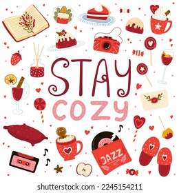 Collection of stay cozy indoor activity, concept of winter comfort and coziness