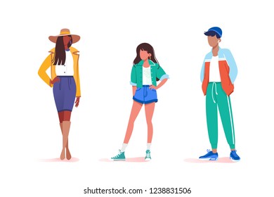 Colección de estancias en diferentes poses masculinas y femeninas. Concepto de modelo joven y modelo de mujer camina por la pista. Ilustración vectorial.