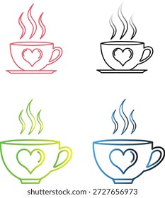 A collection of steaming cups with heart designs in various colors, symbolizing warmth and love