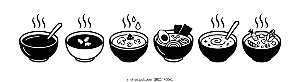 Collection of steaming hot soup icons, various types of hearty meals served in bowls