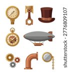 A collection of steampunk-themed objects including a pressure gauge, piston, top hat, pocket watch, airship, gears, pipe fitting, and monocle.