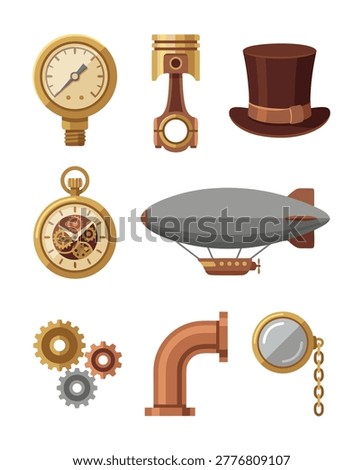 A collection of steampunk-themed objects including a pressure gauge, piston, top hat, pocket watch, airship, gears, pipe fitting, and monocle.