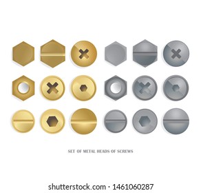 A Collection Of Steel And Brass Screw Heads, Bolts With Nuts Isolated On A White Background. Fastener Kit, Top View. Vector Illustration