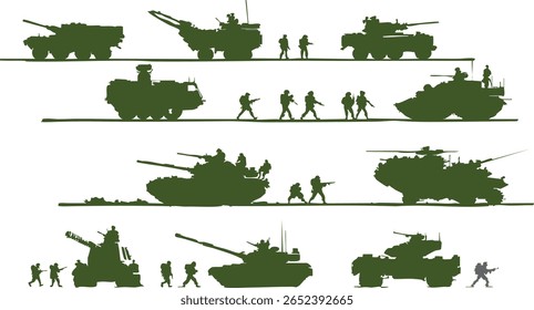 Coleção de siderúrgico tanque ou blindado tanque e silhuetas de soldado