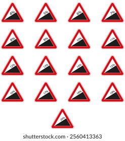 Collection of steep incline road signs displaying various percentage grades, informing drivers of upcoming challenging terrain.