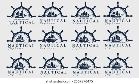 collection of steering wheel ship wave logo vector illustration design