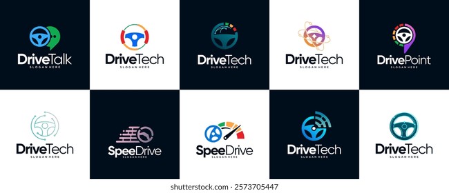 collection of steering wheel and technology logos, education, automotive digital services, vector graphic design.