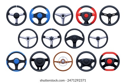 Collection Of Steering Wheels For Cars And Vehicles. Cartoon Vector Illustration Showcases Different Styles, Colors