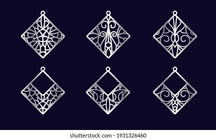 A collection of stencils of decorative diamond-shaped earrings with openwork patterns. Suitable for cutting and printing