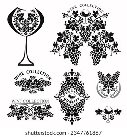 Collection of stencils with inscriptions for wine and winemaking. Black and white design template with grapes, vector clipart.
