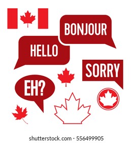 A collection of stereotypical Canadian phrases and greetings in vector format. Also included in this pack are some simple maple leaves and the flag of Canada.
