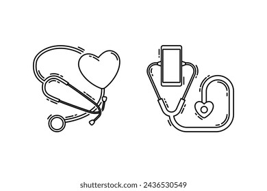 collection of stethoscope icon design template combined with love or heart symbol and mobile phone. line style with black color