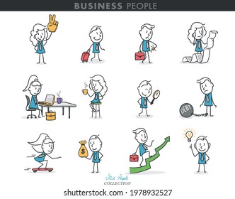 Collection of stick business people in different poses. Stick people playing different roles in their jobs