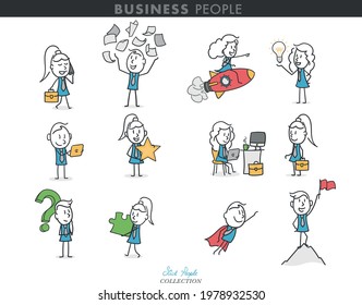 Collection of stick business people in different poses. Stick people playing different roles in their jobs