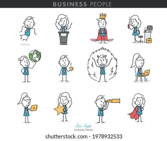 Collection of stick business people in different poses. Stick people playing different roles in their jobs