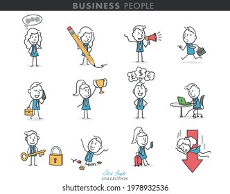 Collection of stick business people in different poses. Stick people playing different roles in their jobs