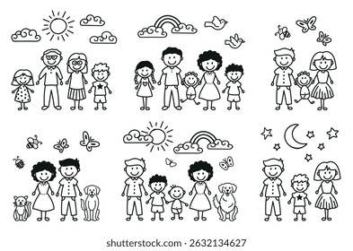 Collection of stick families in various configurations. Happy family. Isolated vectors in doodle style. Father, mother, boy, girl, pets, sun, clouds, birds.