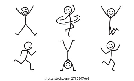 A collection of stick figure characters in various poses including jumping, running, dancing, and doing a handstand, isolated on white background.