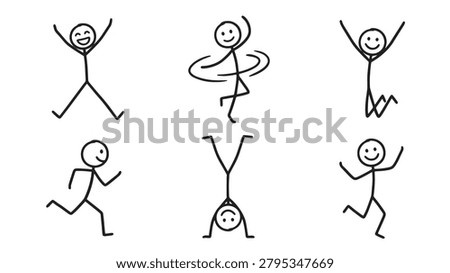 A collection of stick figure characters in various poses including jumping, running, dancing, and doing a handstand, isolated on white background.