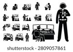 A collection of stick figure icons representing police officers using surveillance and security technology