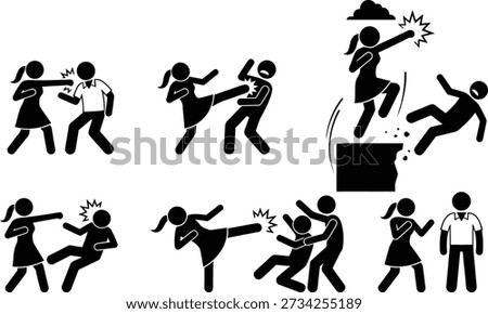 A collection of stick figures demonstrating various forms of self-defense and combat techniques