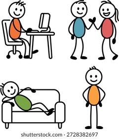 Uma coleção de figuras de palitos que descrevem várias atividades diárias e interações sociais