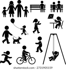 Collection of stick figures enjoying various outdoor activities and family moments