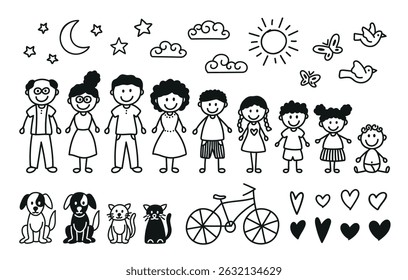 Collection of stick figures. Happy family. Sun, clouds, birds, butterflies, pets and bicycle. Doodle style vector. Father, mother, children, grandparents and baby.