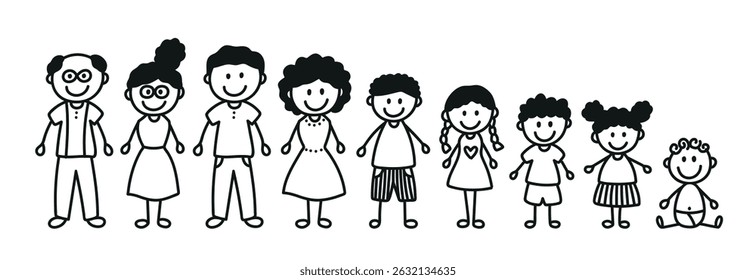 Collection of stick figures. Happy family. Doodle style vectors. Editable and isolated on white background. Father, mother, grandparents, teens, children and baby.