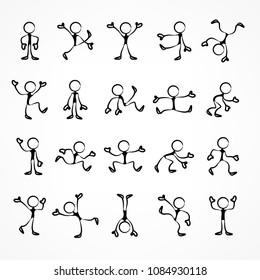 Collection of stick linear moving figures with different poses, human icon symbol sign. Vector illustration.