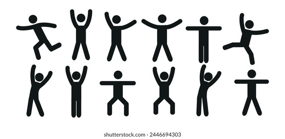 collection of stick man figures, pictographs, man standing, running, stick figures of different poses, a set of different human silhouettes, simple icons, human body gestures isolated on a white