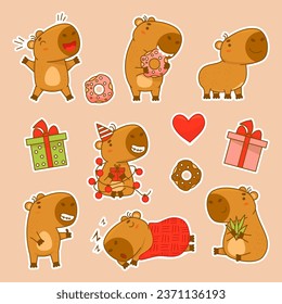 Collection sticker cute capybaras with donut and garland, gift, birthday and sleeping capibara. Vector illustration. Isolated Funny animal character rodent for design, kids collection