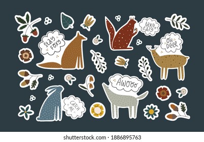Collection of sticker with funny animals, quotes and floral elements. Bundle of decoration for daily planner and diaries isolated on white. Vector cartoon illustration.