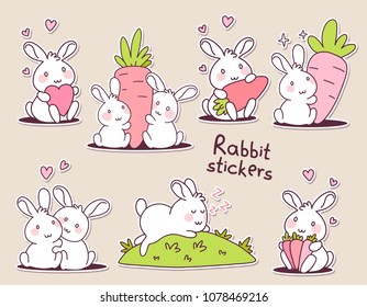 Collection of sticker of happy little cute bunny. Vector illustration of set of lovely cartoon white rabbit holding a carrot, a heart, sleep, hug. Flat line art style doodle design for greeting card