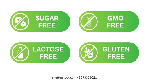Collection Sticker Label Icons of Sugar, Lactose, GMO and Gluten Free