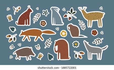 Collection of sticker wild animals and floral elements. Bundle of decoration for daily planner and diaries isolated on white. Vector cartoon illustration.