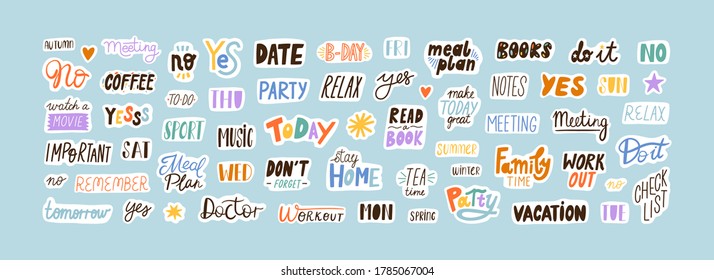 Collection of sticker words template vector flat illustration. Bundle of decoration for weekly or daily planner and diaries isolated on white. Funny decor with trendy lettering and design elements