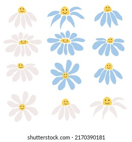 Collection of stickers from 1970s Chamomile. Set of hipster retro cool rainbow psychedelic elements. Cartoon sticker design. Trend illustration.