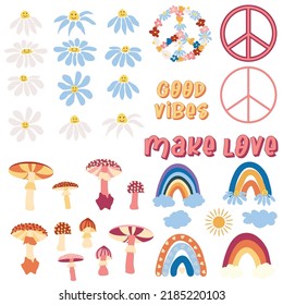 A collection of stickers from the 1970s. Rainbow, camomile, peace symbol, mushrooms, text. Set of hipster retro psychedelic elements. Cartoon sticker Trend
