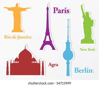 Collection of stickers from all over the world: Paris, New York, Agra, Berlin and Rio de Janeiro. Silhouette of important monuments.