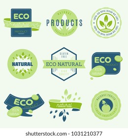 Collection of stickers and badges for natural products and eco food. Vector illustrations for ecology ingredients, healthy food and products package.