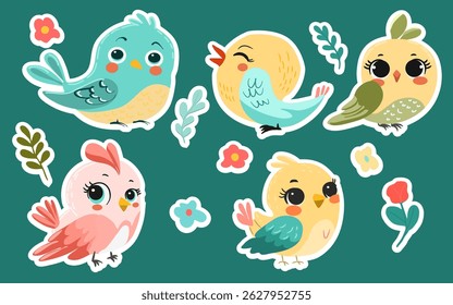 A collection of stickers with birds, spring, summer, flowers, in flat style. drawn by hand. Vector.