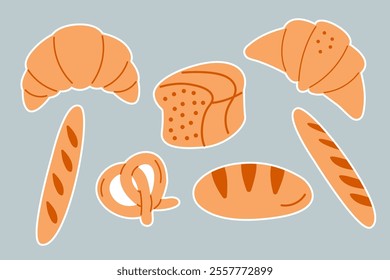 Collection stickers of bread croissant baguette pastries French cuisine 