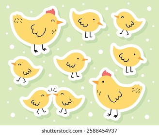 Collection of stickers with cartoon chicks and chickens. Easter chicks icons. Vector illustration