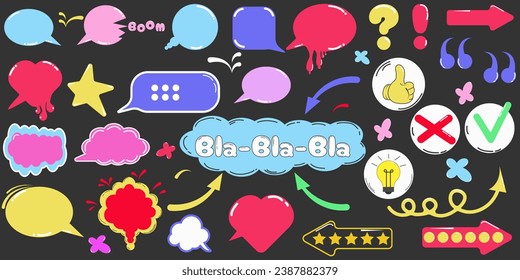 collection of stickers of cartoon, comic multicolored speech bubbles of different shapes, arrows, stars, question and exclamation mark, light bulb, like, isolated on a black background. Vector.