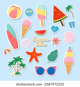 A collection of stickers or cartoon icons on a square blue background. A large set of summer stickers. Fashionable design in the style of pop art of the 80s. Vector EPS 10.