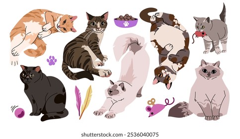 A collection of stickers of cats in various poses. Orange, calico, black cats. Vector isolated on white background.